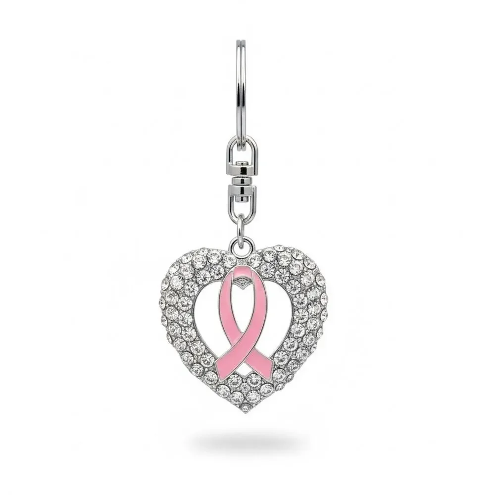 Heart‎ Shaped Crystal Keychain with Pink Breast Cancer Ribbon
